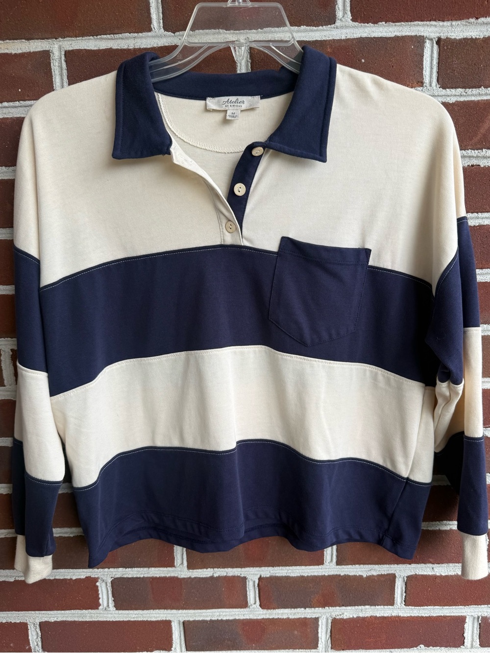 Atelier By Kirious Rugby Shirt Size M Cropped Navy & Cream Boxy Preppy